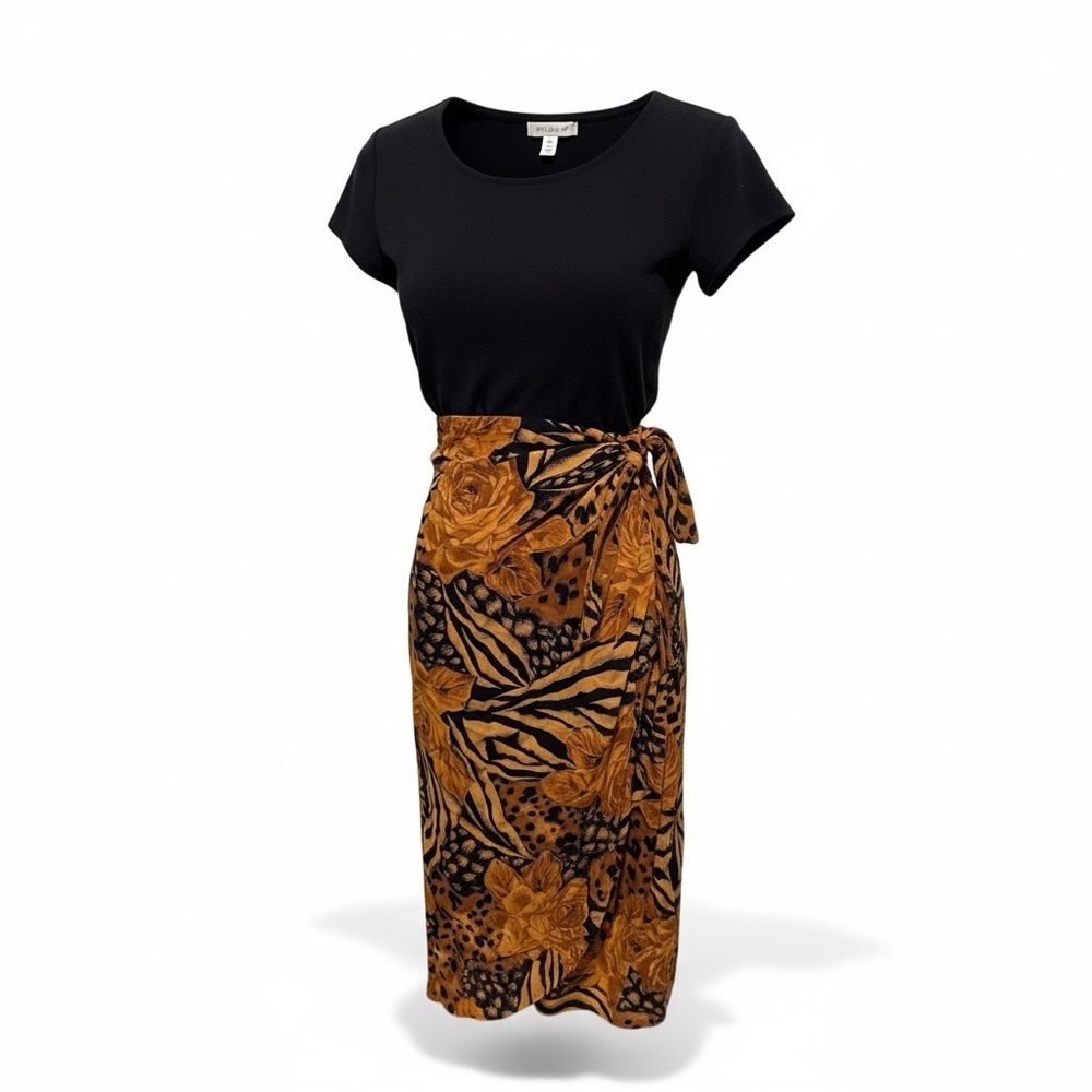 🔻Vintage Black Knit Bodice Dress w/ Leopard Floral Sarong Skirt — Small